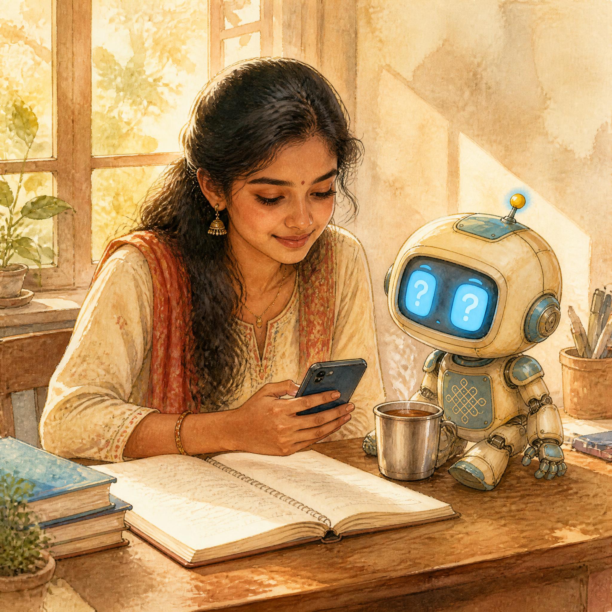 ஒரு இளம் தமிழ் பெண் சூரியஒளி படியும் படிப்பு மேசையில் தனது phone-ஐப் பார்த்துக் கொண்டிருக்கிறார். அவருக்கு அருகில் கனி, ஒரு சிறிய தமிழ் ரோபோ குழந்தை, கிரீம் நிற உடல், வானநீல சைட் பேனல்கள், நெஞ்சில் மென்மையான கோலம் வடிவம், கடுகு மஞ்சள் ஆண்டெனா, ஆச்சரியம் காட்டும் கேள்விக்குறி வடிவ வானநீல திரை-கண்கள், மேசையின் ஓரத்தில் அமர்ந்து அவளது phone-ஐக் கவனிக்கிறான். திறந்த குறிப்பேடு பக்கத்தில். மேசையில் ஒரு கிரீம் ஸ்டெய்ன்லெஸ்-ஸ்டீல் டம்ளரில் ஃபில்டர் காபி. ஜன்னல் வழியாக மென்மையான வெளிச்சம்.