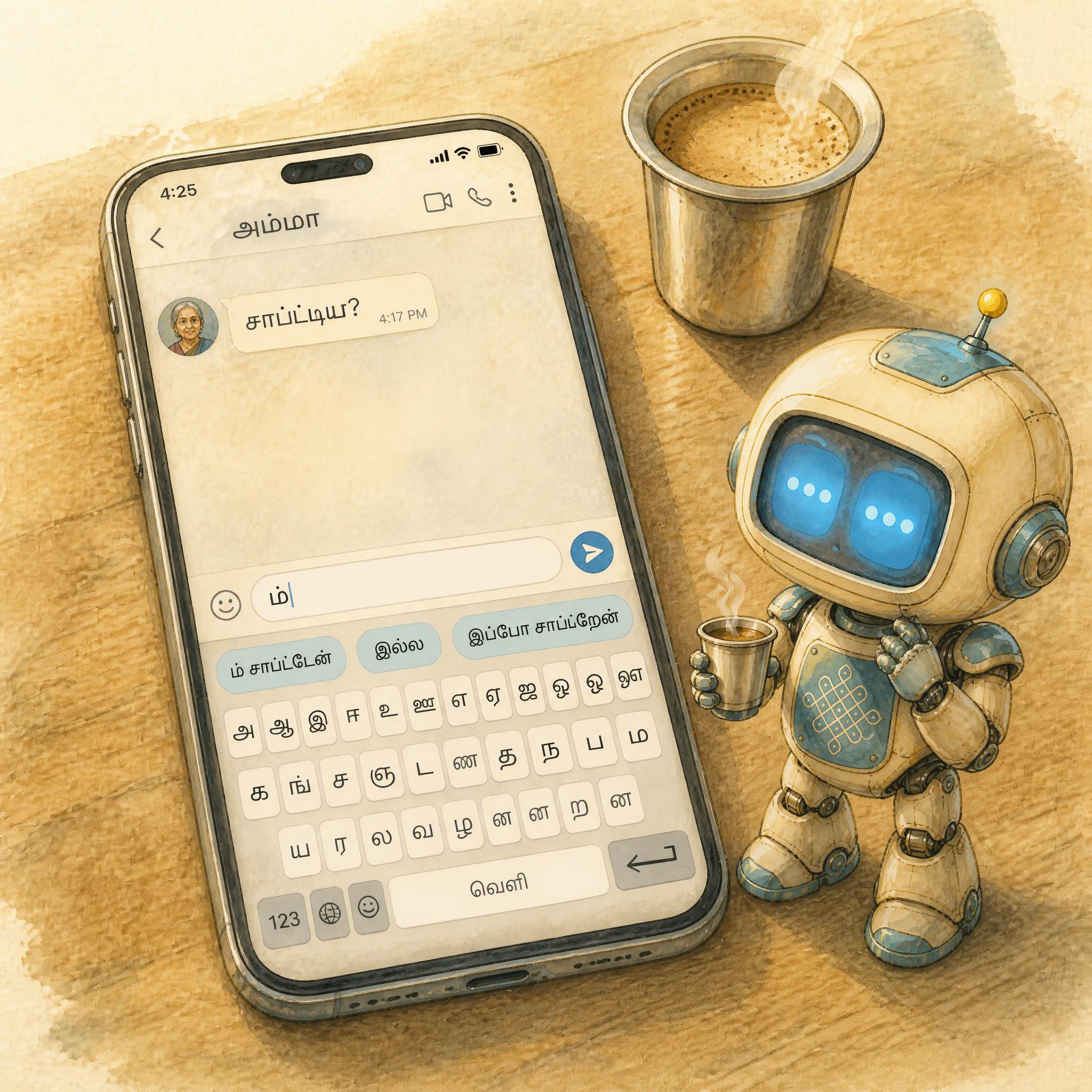 ஒரு phone-ன் நெருக்கமான காட்சி. திரையில் 'அம்மா'-வுடனான ஒரு உரையாடல் தெரிகிறது. அவர் 4:17 PM-க்கு அனுப்பிய message 'சாப்ட்டியா?'. User பதிலாக 'ம்' மட்டும் type செய்திருக்கிறார். Keyboard-க்கு மேல் தமிழ் autocomplete பரிந்துரைகள்: 'ம் சாப்ட்டேன்', 'இல்ல', 'இப்போ சாப்டுறேன்'. மரத்தாலான மேசையில் ஒரு கிரீம் ஸ்டெய்ன்லெஸ்-ஸ்டீல் டம்ளரில் ஃபில்டர் காபி. வலதுபுறம், கனி (சிறிய தமிழ் ரோபோ குழந்தை, கிரீம் உடல், வானநீல சைட் பேனல்கள், நெஞ்சில் கோலம், கடுகு மஞ்சள் ஆண்டெனா) தனது சொந்த ஃபில்டர் காபி டம்ளரை வைத்துக்கொண்டு autocomplete-ஐக் கவனித்துப் பார்க்கிறான். கனியின் வானநீல திரை-கண்களில் இரண்டு கிடைமட்ட கோடுகள் (autocomplete-க்குரிய typing-pause குறியீடு).
