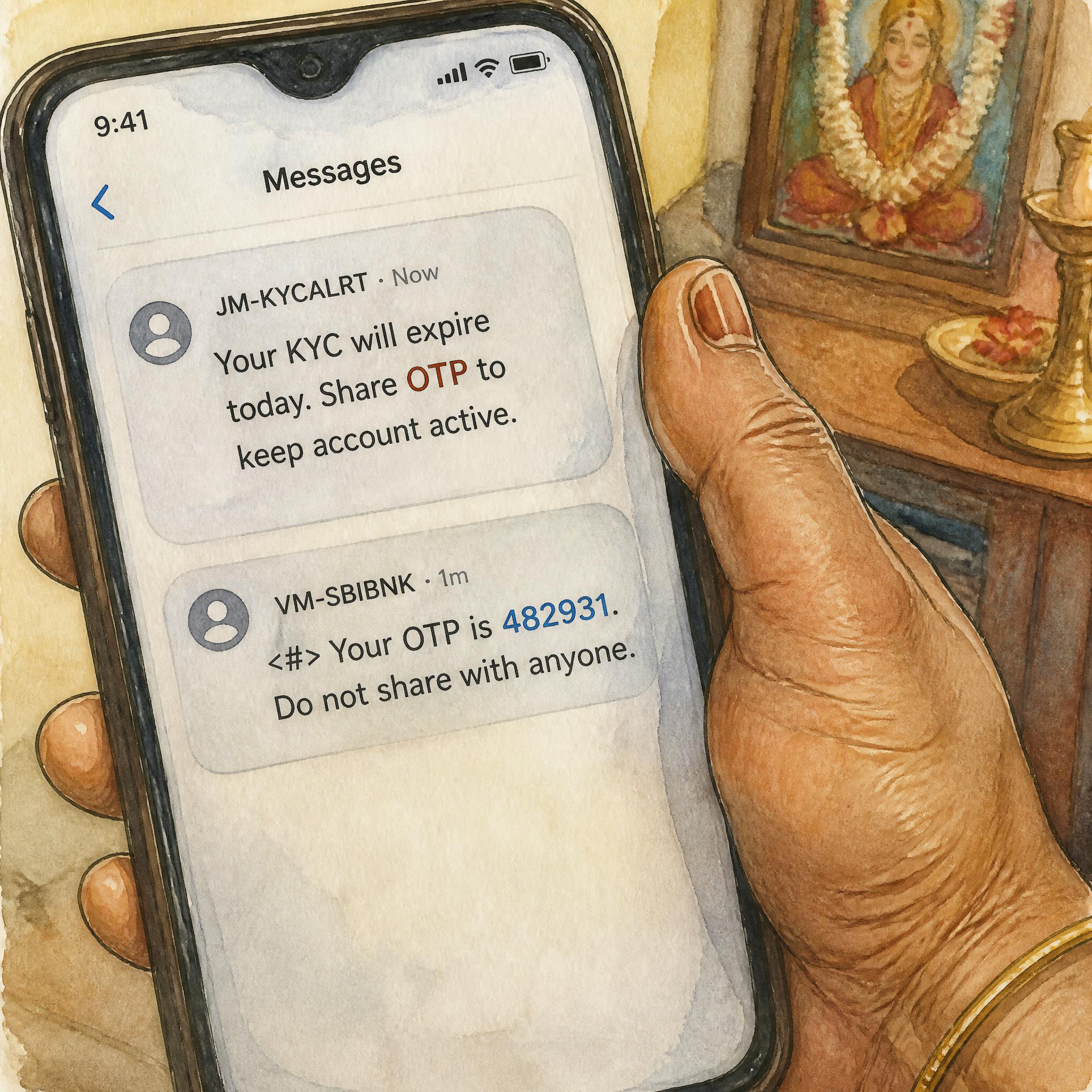 ஒரு வயதான பெண்ணின் கை, மெல்லிய தங்க வளையலுடன், ஒரு smartphone-ஐ பிடித்திருக்கிறது. திரையில் ஒரு scam SMS: KYC expire ஆகப்போகிறது, OTP-ஐ பகிரவும். OTP என்ற வார்த்தை தெரிகிறது.