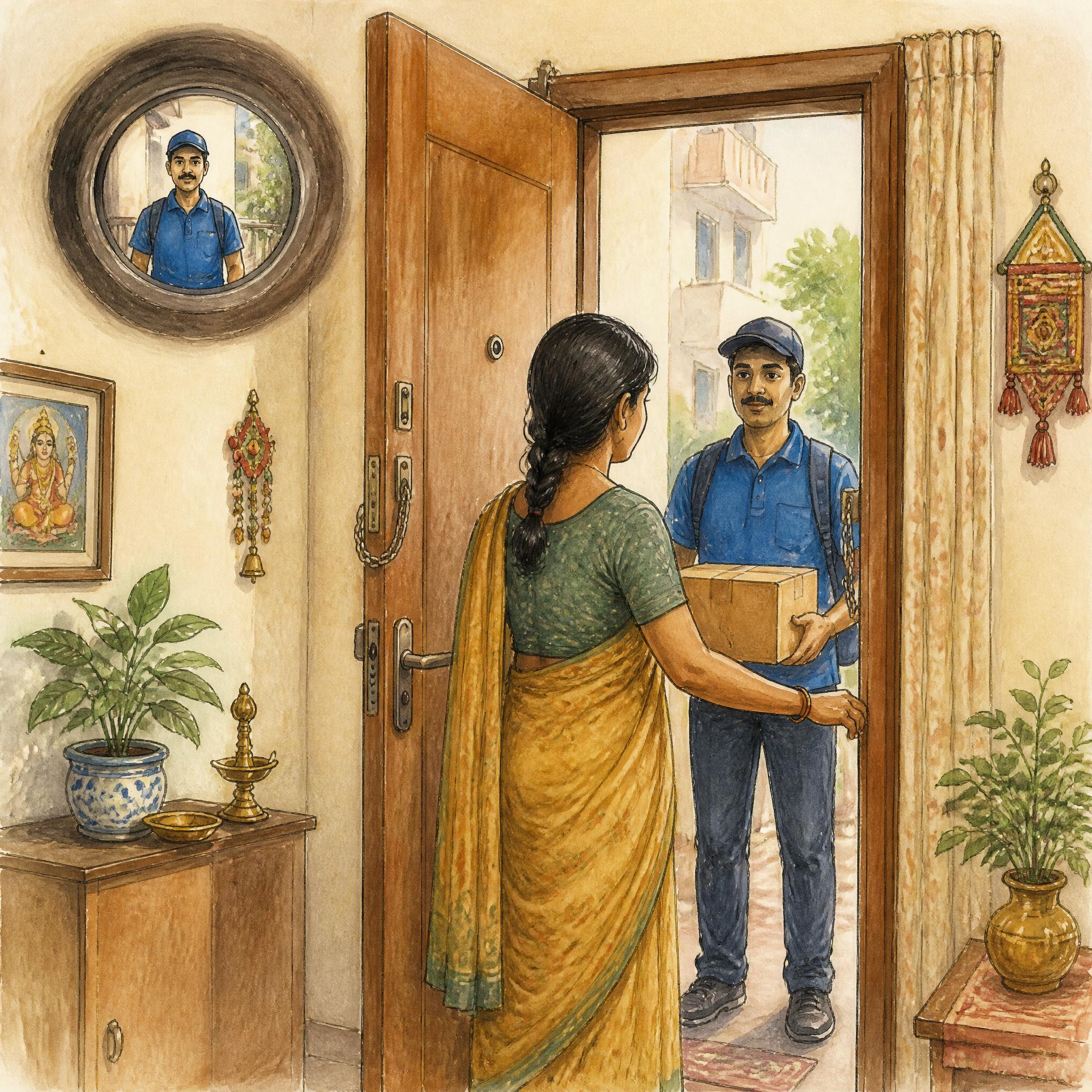 ஒரு apartment கதவு, பூட்டு உடைக்கப்படவில்லை. வெளியே delivery uniform அணிந்த ஒரு உருவம் parcel-உடன் நிற்கிறது, bell அடிக்கிறது. பூட்டு பத்திரமாக இருக்கிறது.