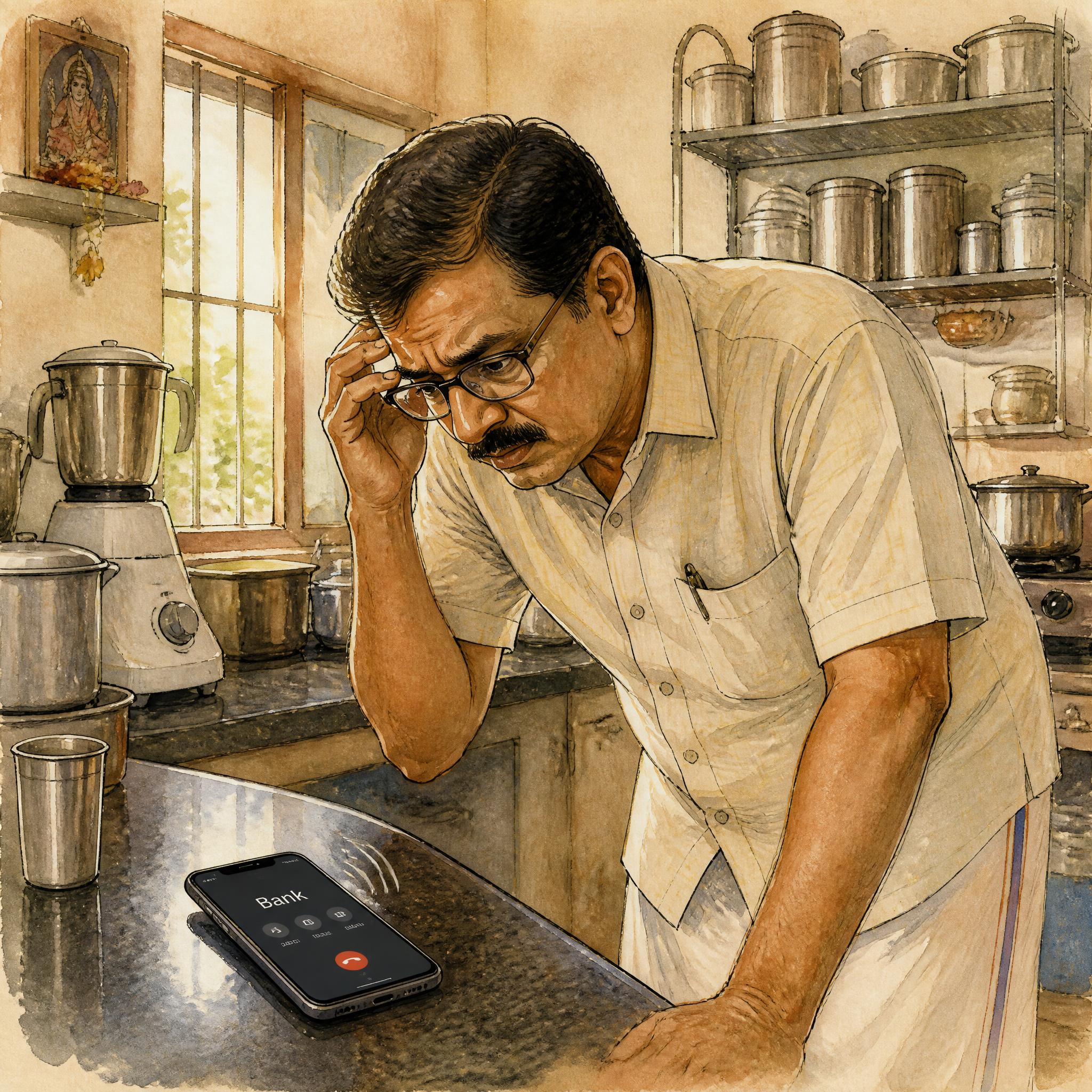 தமிழ் வீட்டு சமையலறை, steel பாத்திரங்கள், ஒரு mixer. Counter மேல் phone speaker-ல ஒரு call, திரையில் Bank என்று லேபிள். கவலையான நபர் அதை நோக்கி சாய்கிறார்.