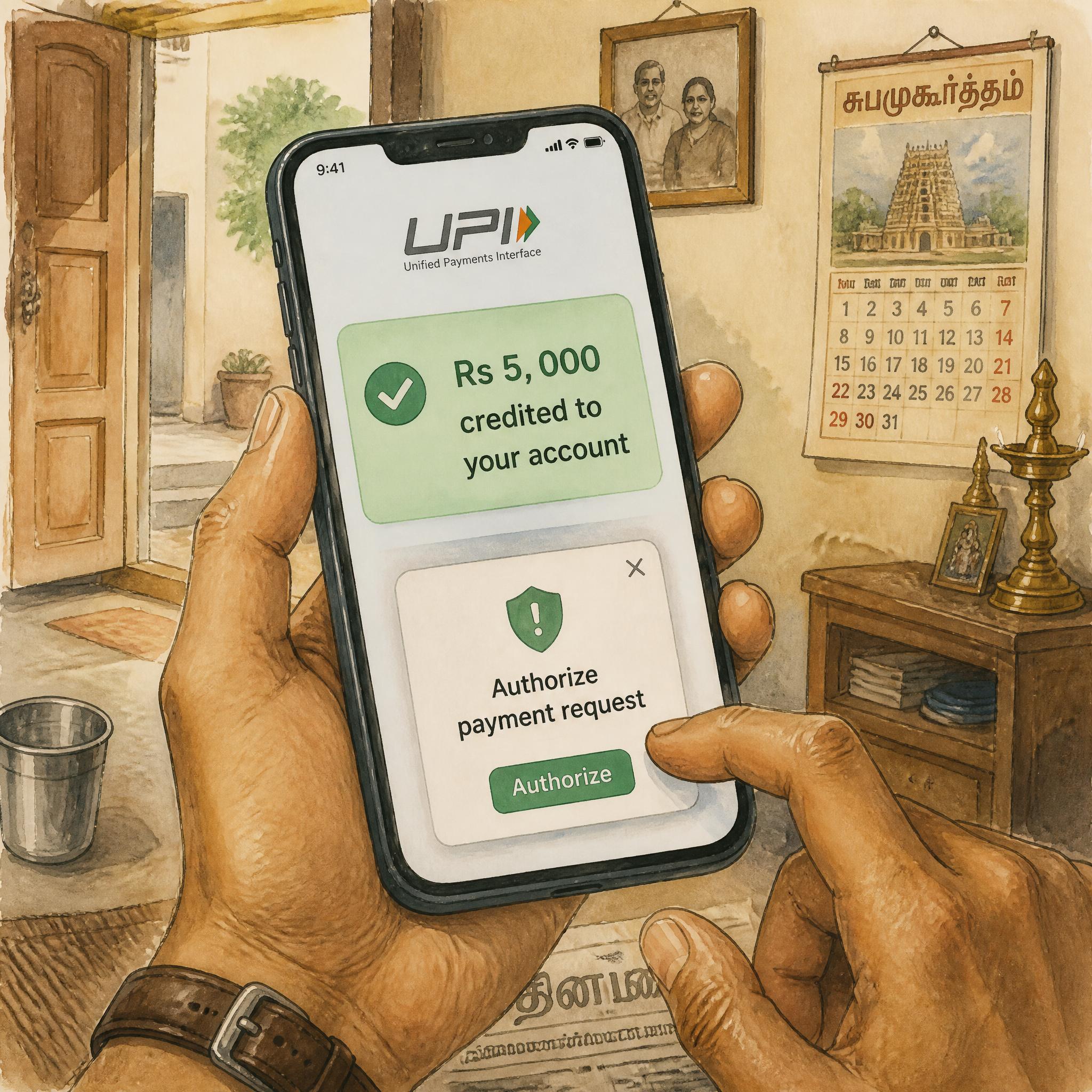 ஒரு கை smartphone-ஐ பிடித்திருக்கிறது, UPI பச்சை credit notification: Rs 5,000 உங்க account-ல வரவு. கீழே இரண்டாவது pop-up தோன்ற ஆரம்பிக்கிறது: Authorize payment request.