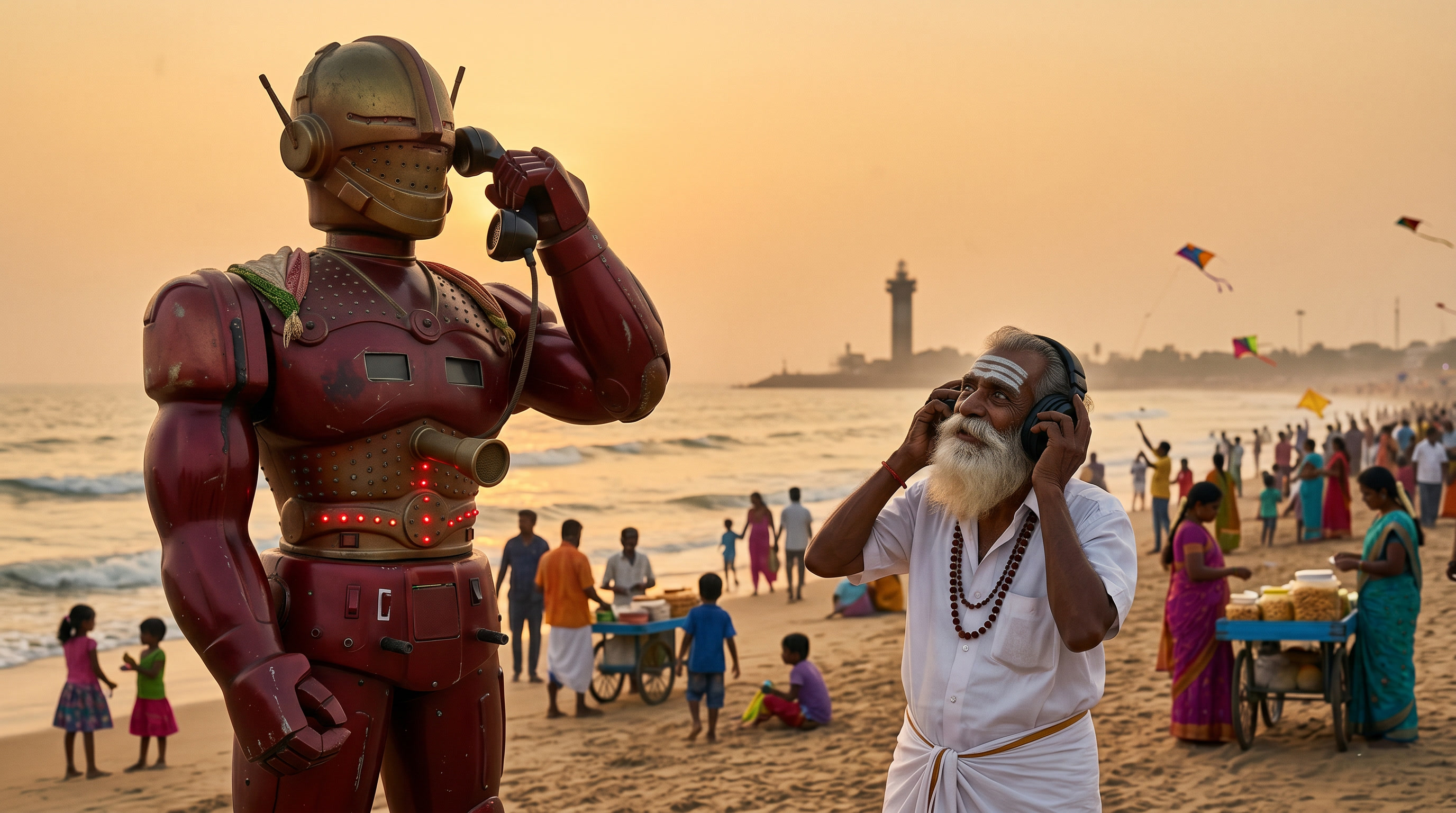 The Sivagami Computer Josiyam, a tall maroon-red painted Tamil festival robot mannequin with antenna and a phone receiver to its ear, stands on Marina Beach at golden hour. An elderly Tamil sadhu in white veshti and rudraksha mala stands beside it wearing headphones, listening intently. In the background, kite-flyers, families on the sand, and a distant lighthouse silhouette.