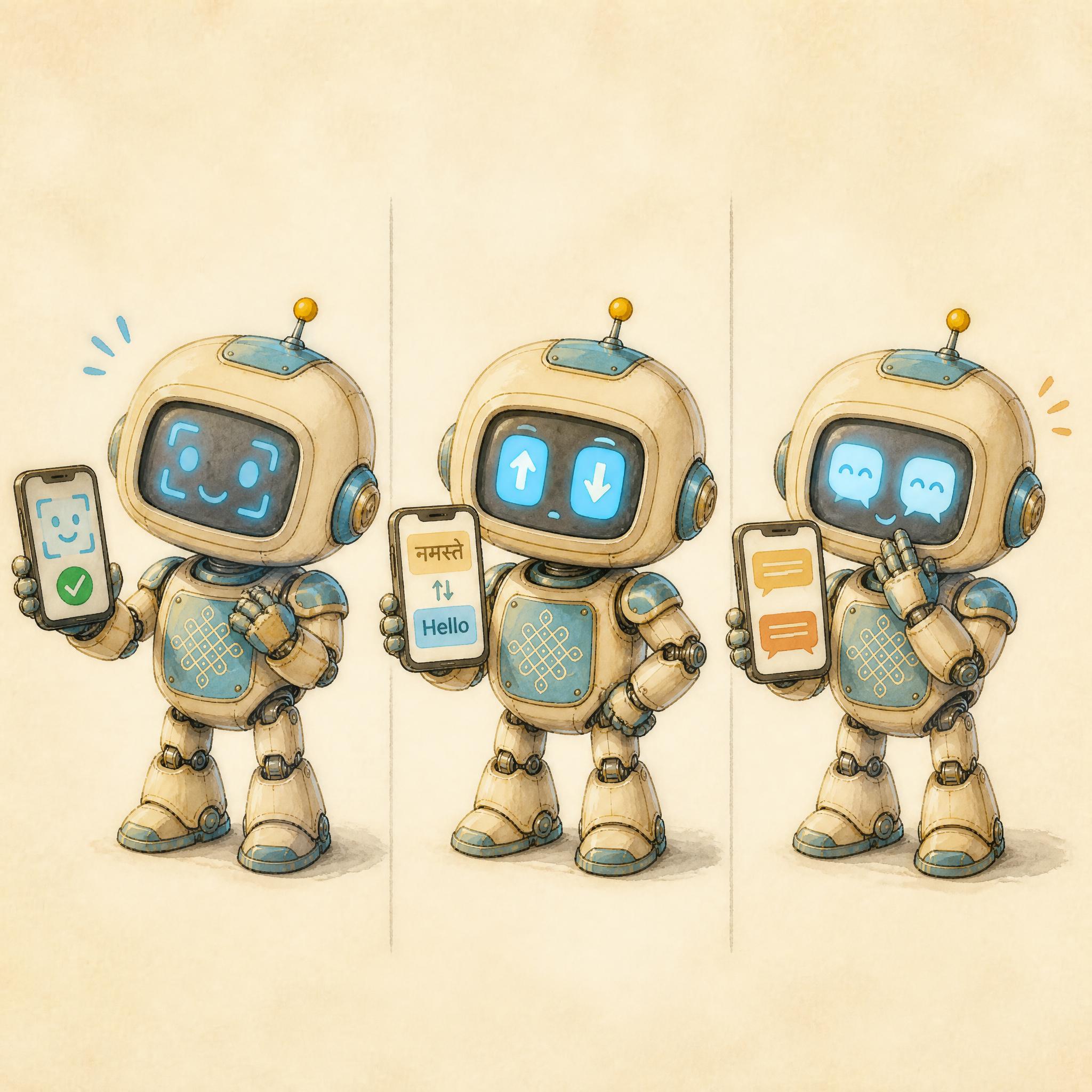 Three small Kani baby robots stand side by side, each with a cream body, sky-blue accent panels, kolam pattern on the chest, and mustard-yellow antenna tip. Each Kani's rectangular sky-blue screen-eyes carry a context-specific shape mirroring the phone it holds. The leftmost Kani holds a phone showing a face-unlock screen with a green checkmark and a smiling-face icon; its eyes show closed-arc satisfied shapes (the phone recognized me). The middle Kani holds a phone showing a translation interface with up-and-down arrows between two text blocks; its eyes show tiny up-and-down arrow icons. The rightmost Kani holds a phone with warm-amber chat bubbles emerging from the screen; its eyes show tiny chat-bubble shapes. All three rendered in soft watercolor and ink on warm cream paper.