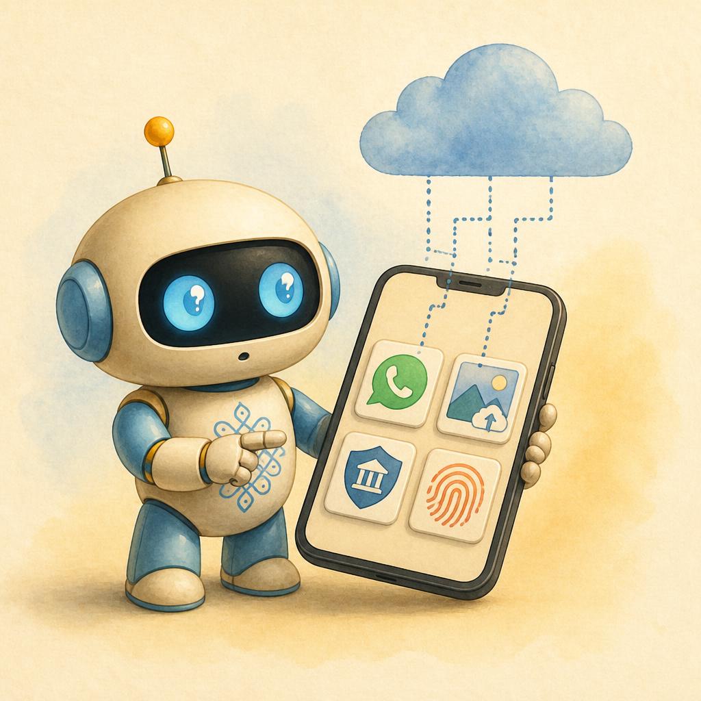 Kani, a small Tamil baby robot with a cream body, sky-blue side panels, a kolam pattern on the chest, and a mustard-yellow antenna, holds up a smartphone in one hand. The screen shows four icons in a 2x2 grid: a WhatsApp speech bubble, a Google Photos cloud-upload arrow, a bank app shield, and an Aadhaar fingerprint. From each icon, a soft dotted line travels upward to a sky-blue cloud shape. Cream paper background, soft light, editorial watercolor with subtle 3D rendering.