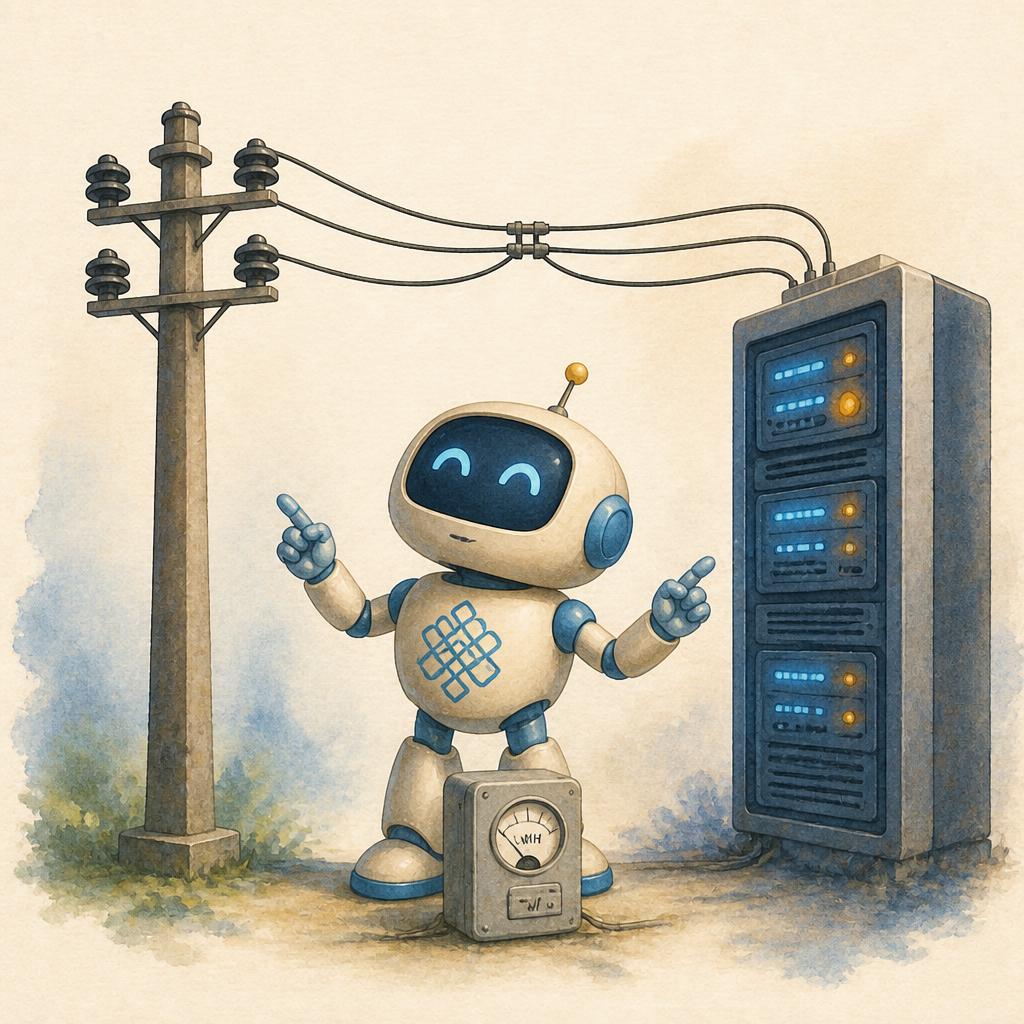 Kani, a small Tamil baby robot with a cream body, sky-blue side panels, and a mustard-yellow antenna, stands between two objects. On the left: a tall power line pole with three insulator discs and overhead cables. On the right: a stylised data centre rack with three glowing server panels. The cables from both sides meet in the middle. Near Kani feet sits a small electricity meter box with a visible KWh dial. Kani is in an explaining gesture, pointing left at the pole and right at the data centre. Editorial watercolor with subtle 3D rendering, cream paper background.