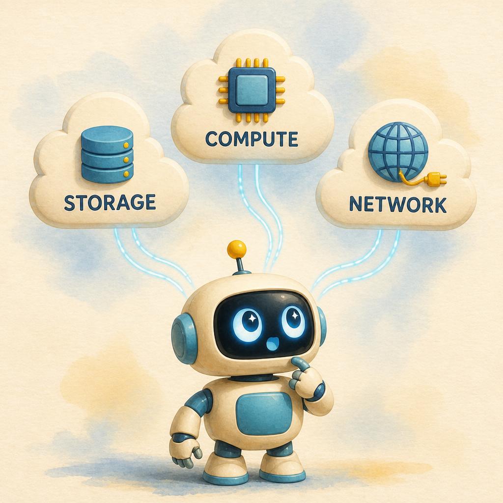 Kani, a small Tamil baby robot with a cream body, sky-blue side panels, and a mustard-yellow antenna, stands below with tiny star-glints in the sky-blue screen-eyes signalling an aha moment. Three cloud-shape cards float in a horizontal arc above: one labelled STORAGE with a stacked-disk icon, one labelled COMPUTE with a CPU-chip icon, one labelled NETWORK with a globe-and-cable icon. Soft sky-blue data-flow lines run between Kani and the cards. Editorial watercolor with subtle 3D rendering, cream paper background.
