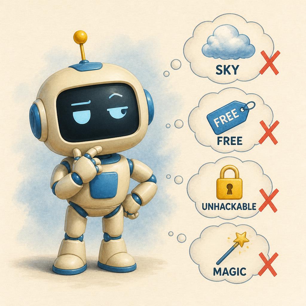 Kani, a small Tamil baby robot with a cream body, sky-blue side panels, and a mustard-yellow antenna, with one eye slightly narrowed in a sceptical expression. To the right are four thought bubbles, each with an icon and label, each one crossed out with a red X: one says SKY (sky cloud icon), one says FREE (price tag icon), one says UNHACKABLE (mustard padlock), one says MAGIC (sparkle wand). Editorial watercolor, cream paper background.