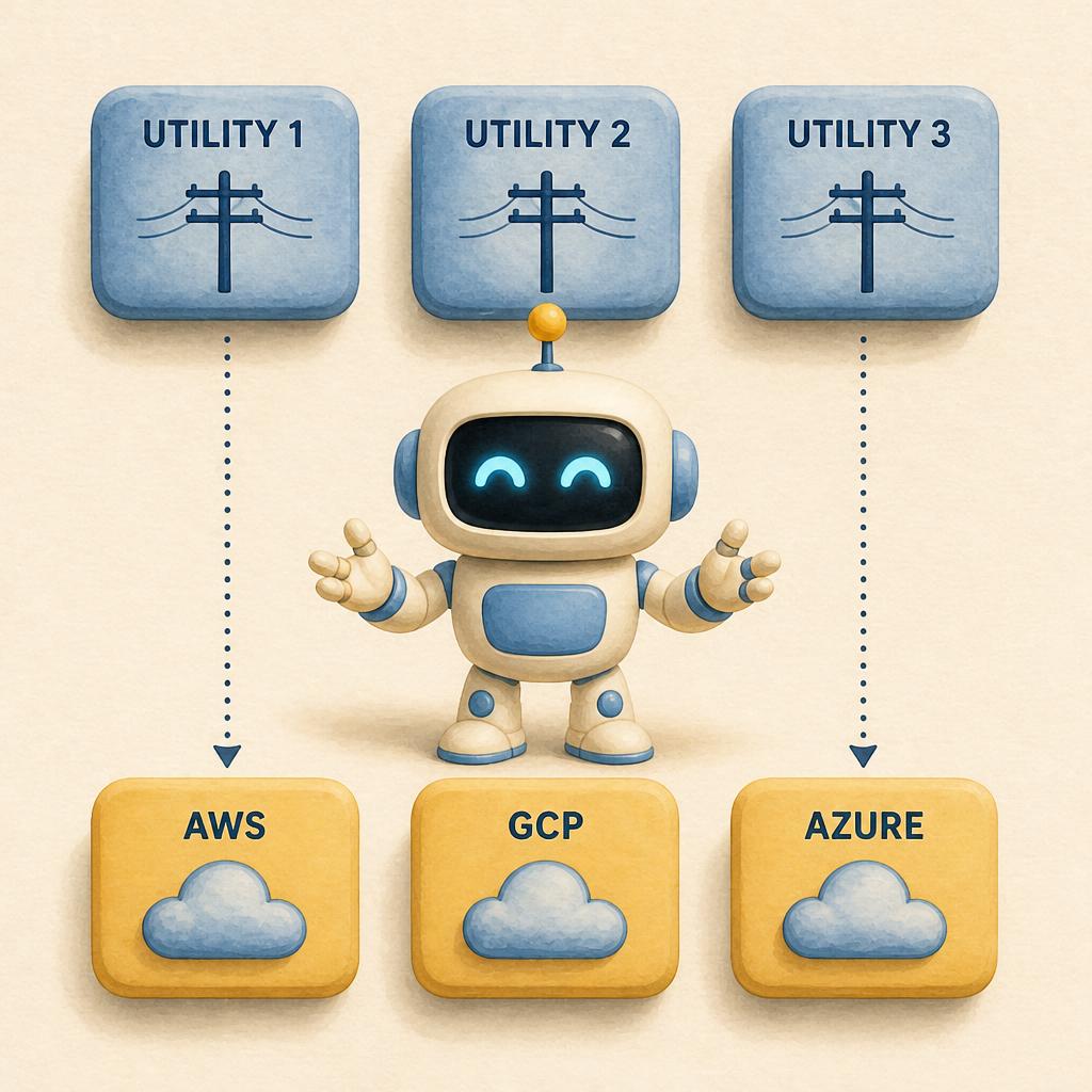 Kani, a small Tamil baby robot with a cream body, sky-blue side panels, and a mustard-yellow antenna, stands in the centre with arms slightly raised and a satisfied u-arc smile. Above are three rounded boxes labelled UTILITY 1, UTILITY 2, UTILITY 3, each with a power-pole icon. Below are three rounded boxes labelled AWS, GCP, AZURE, each with a cloud icon. Dotted arrows run top to bottom, mapping each utility to its cloud counterpart. Editorial watercolor, cream paper background.