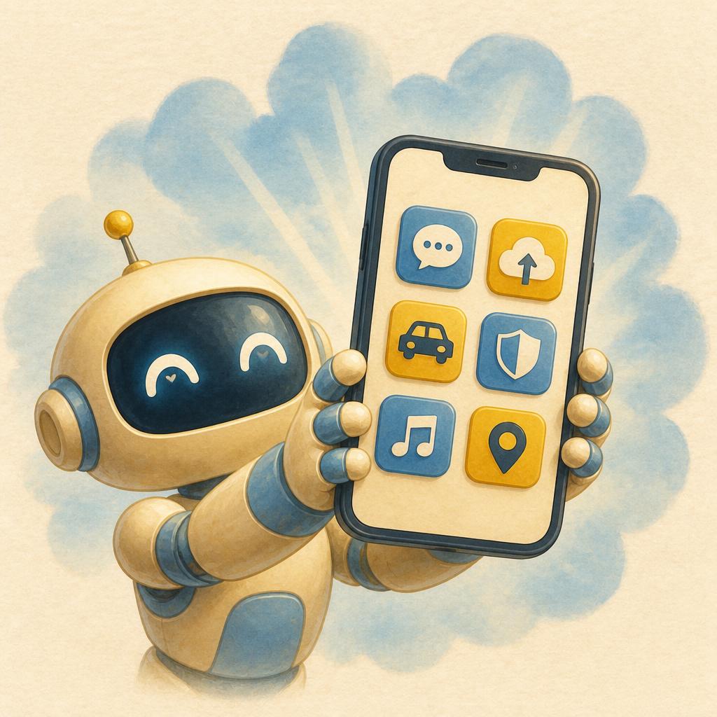 Kani, a small Tamil baby robot with a cream body, sky-blue side panels, and a mustard-yellow antenna, holds up a smartphone with both hands. Kani's sky-blue screen-eyes have a small heart-glint in a satisfied smile-curl. The phone screen shows six icons in a 2x3 grid: chat bubble, photo gallery with a cloud upload arrow, ride-hailing car, bank shield, music note, location pin. A soft sky-blue cloud aura radiates outward from behind the phone. Editorial watercolor, cream paper background.