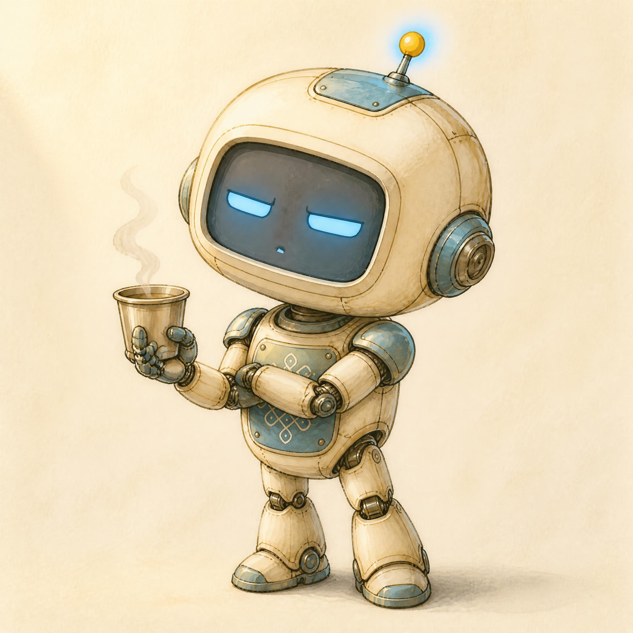 Kani in register 4 (skeptical), narrowed eyes, arms folded, watching the uniformed figure. No panic, just calm suspicion. A filter coffee tumbler in hand.