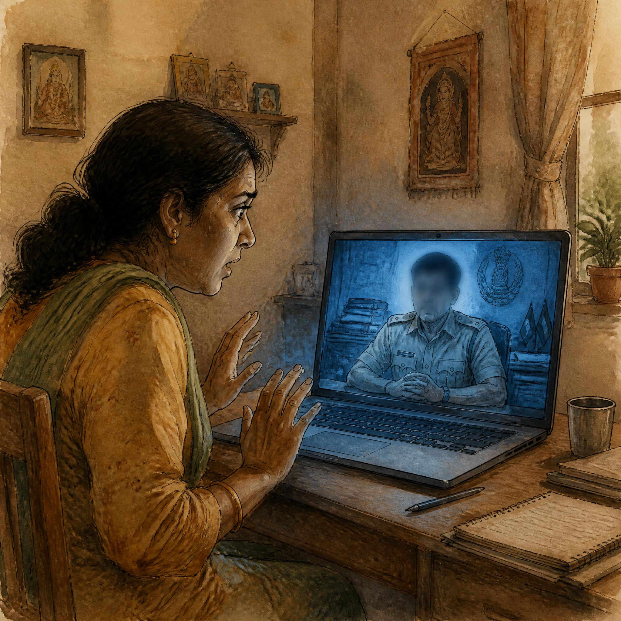 A video call on a laptop. On screen, a figure in a khaki shirt (face blurred), an official-looking background, files. Cold blue light. At the desk, a person watches in fear.