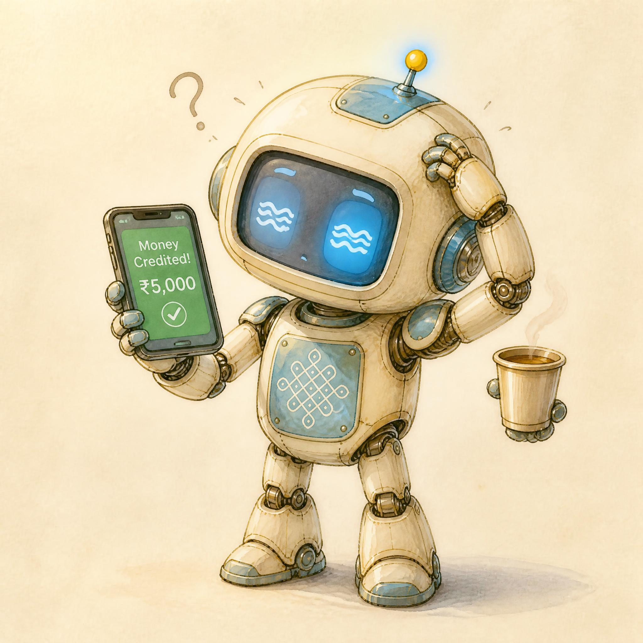Kani in register 2 (confused), wobbly eyes, scratching its head with one hand, looking at the deposit notification on the phone. The coffee tumbler in the other hand, held away from the phone.
