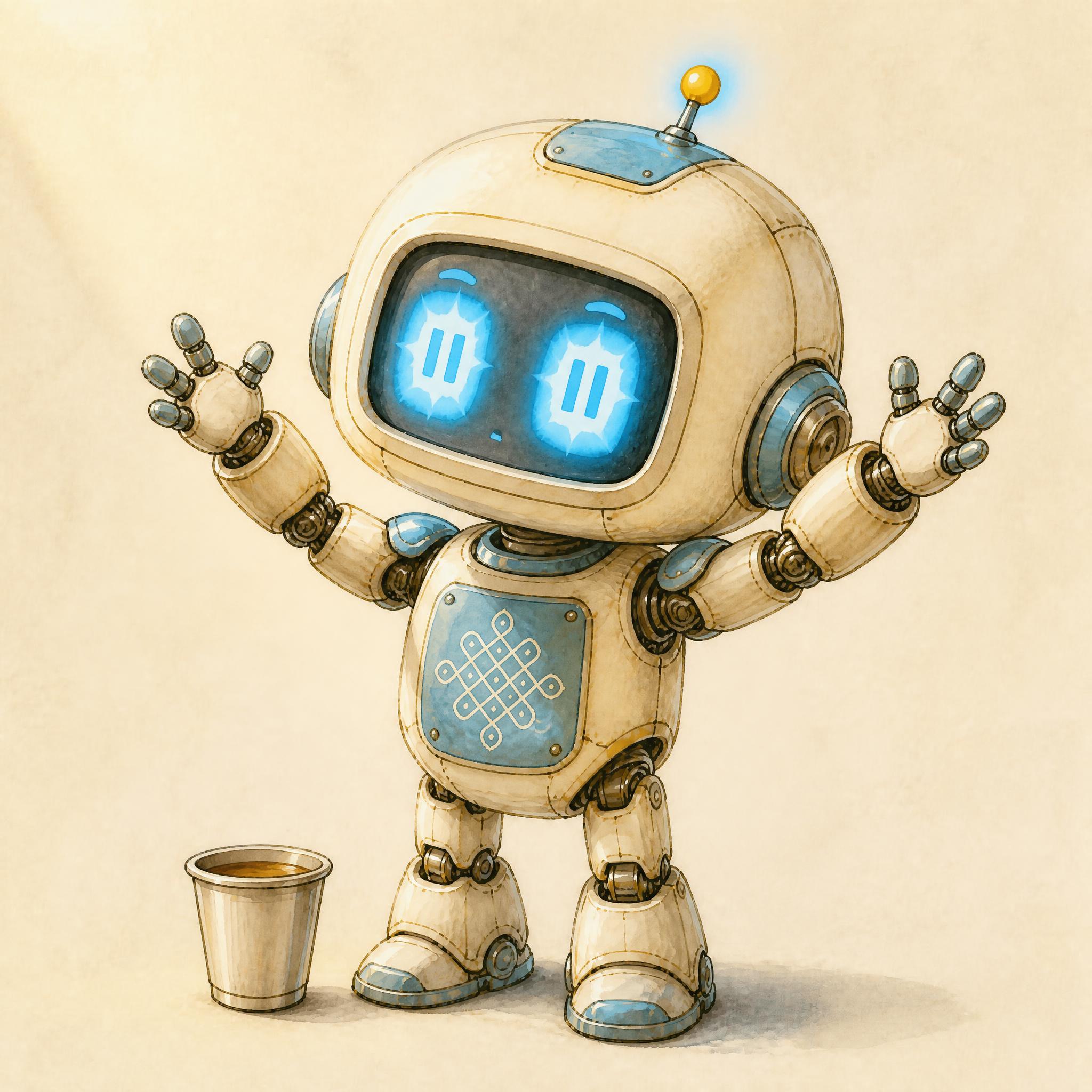 Kani in register 3 (realization), star-bright eyes, both hands raised. A pause symbol glows faintly inside its eyes. The coffee tumbler set down on the ground.