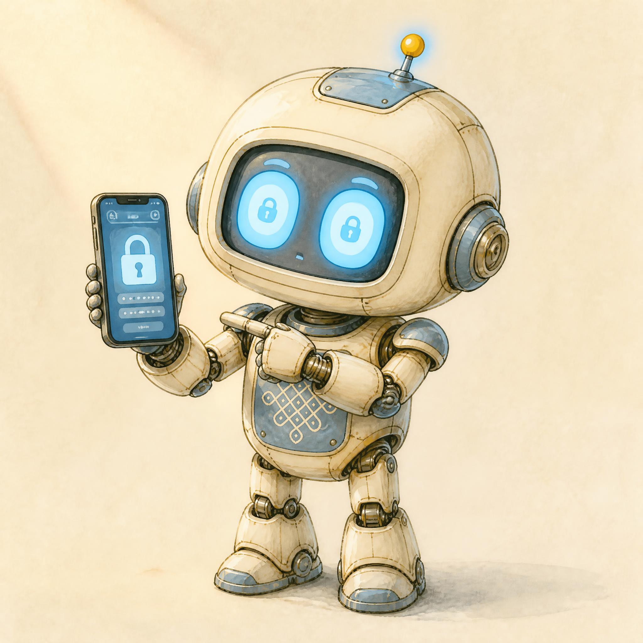 Kani, the Tamil baby robot, in register 6 (explaining), wide round eyes, points at a phone with one finger and holds a filter coffee tumbler in the other hand.